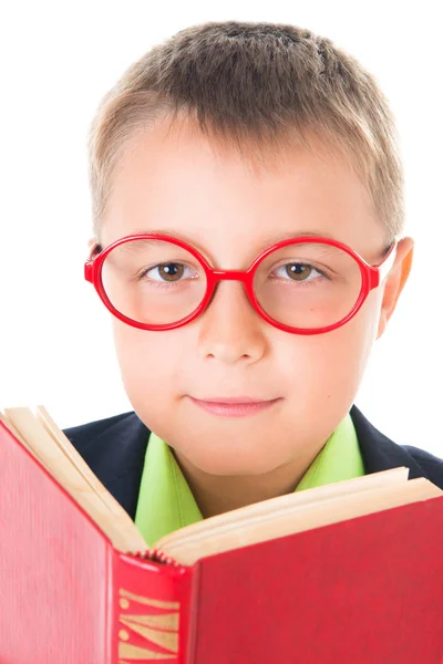 Αγόρι, διαβάζοντας ένα βιβλίο διψασμένος για γνώση - απομονωθεί πάνω σε λευκό φόντο — Φωτογραφία Αρχείου