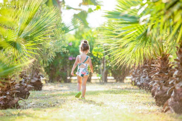 Cute Little Year Old Girl Swimsuit Tropical Palm Trees Palm — Stock Photo, Image