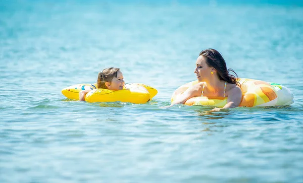 Mom Little Year Old Daughter Swim Together Sea Yellow Inflatable — Stock Photo, Image