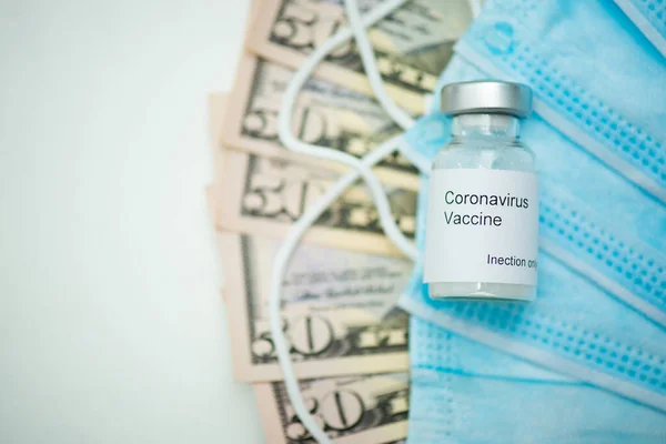 Price gouging during shortage of virus masks, coronavirus vaccine. High price and demand during global pandemic.