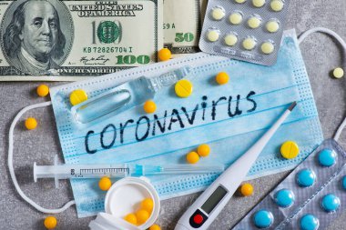 Covid-19 Coronavirus ve grip salgını. Spekülasyon, aşı işi ve haplar. Para ve sağlık, dünya çapında salgın.