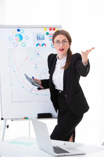 Emotional woman trainer in the office in a business suit shows charts on a flipchart, explains the strategy and motivates for success.