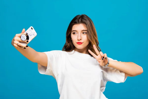 Cute Funny Girl Student Teenager Makes Selfie Cell Phone Emotions — Stock Photo, Image