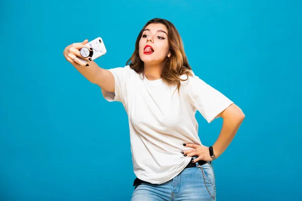 Cute Funny Girl Student Teenager Makes Selfie Cell Phone Emotions — Stock Photo, Image