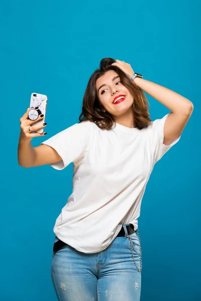 Cute Funny Girl Student Teenager Makes Selfie Cell Phone Emotions — Stock Photo, Image