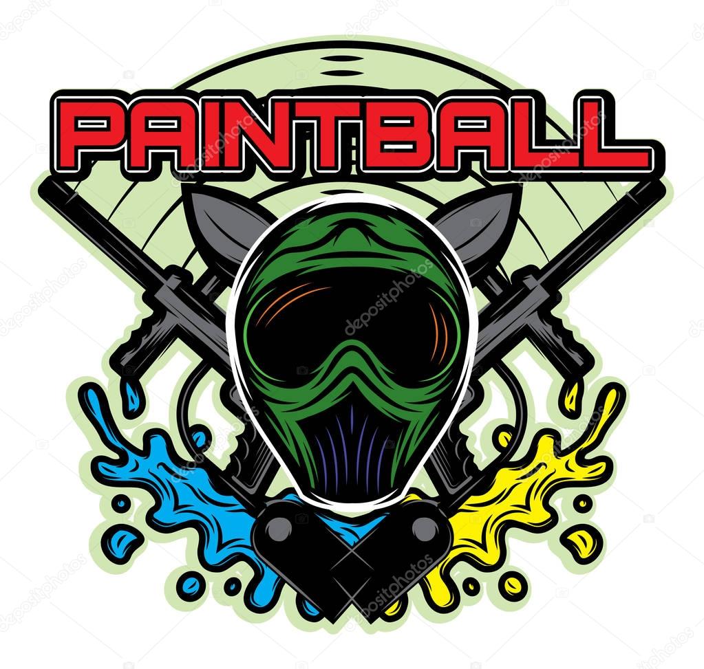 Colored vector template for design on the theme of paintball his helmet, weapon, blots