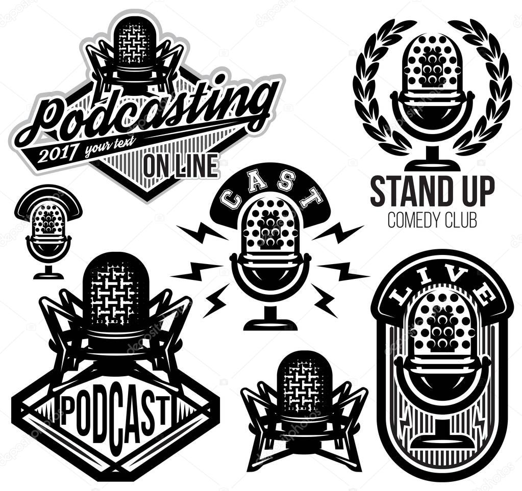 Set of vector stylish retro patterns with microphones, radio, podcast, show