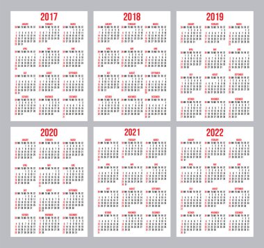 Takvim kılavuzu için kartvizit beyaz arka plan üzerinde yıllardır 2017-2022 vektör kümesi