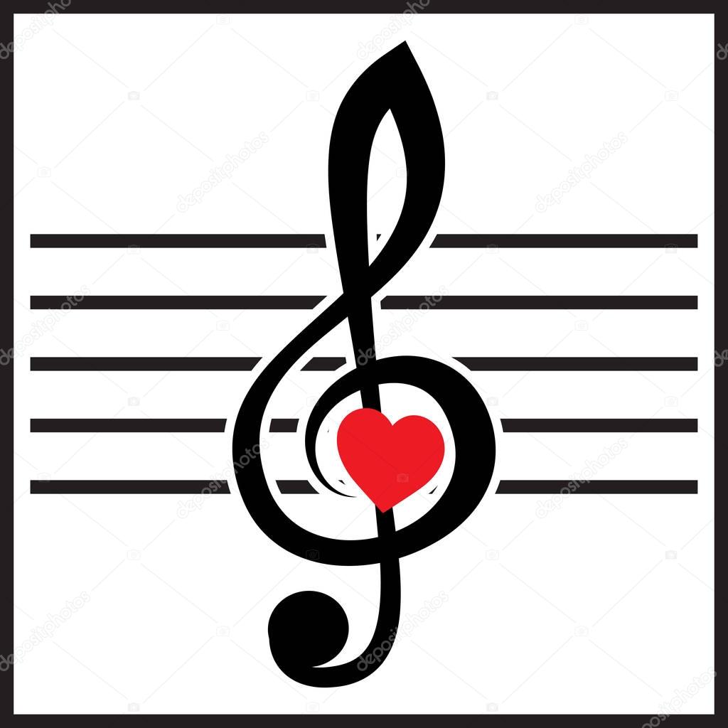 Vector illustration with treble clef and heart on white background