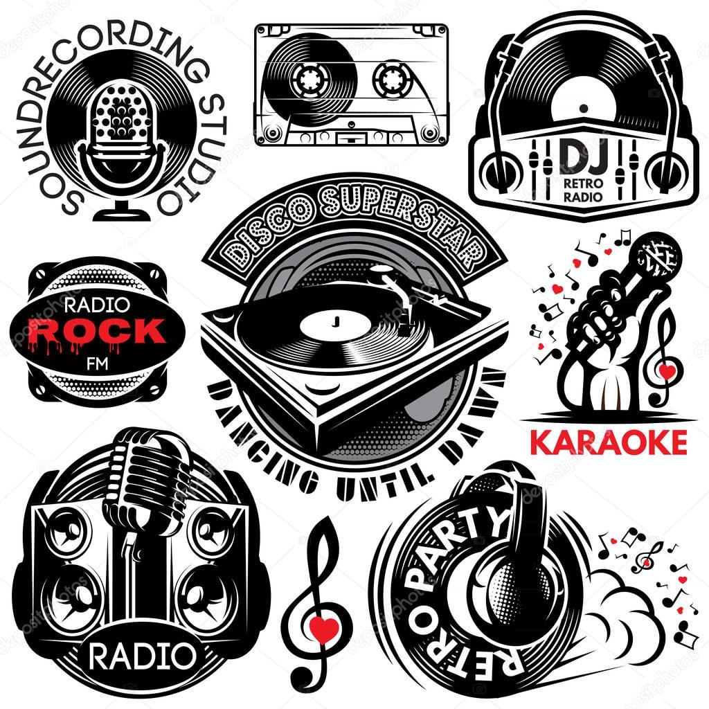 Set of retro badges templates for karaoke, disco, party, radio, singing