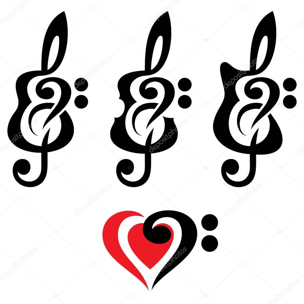 Different kinds of guitars, violin, treble clef. Vektor set of patterns for logo design