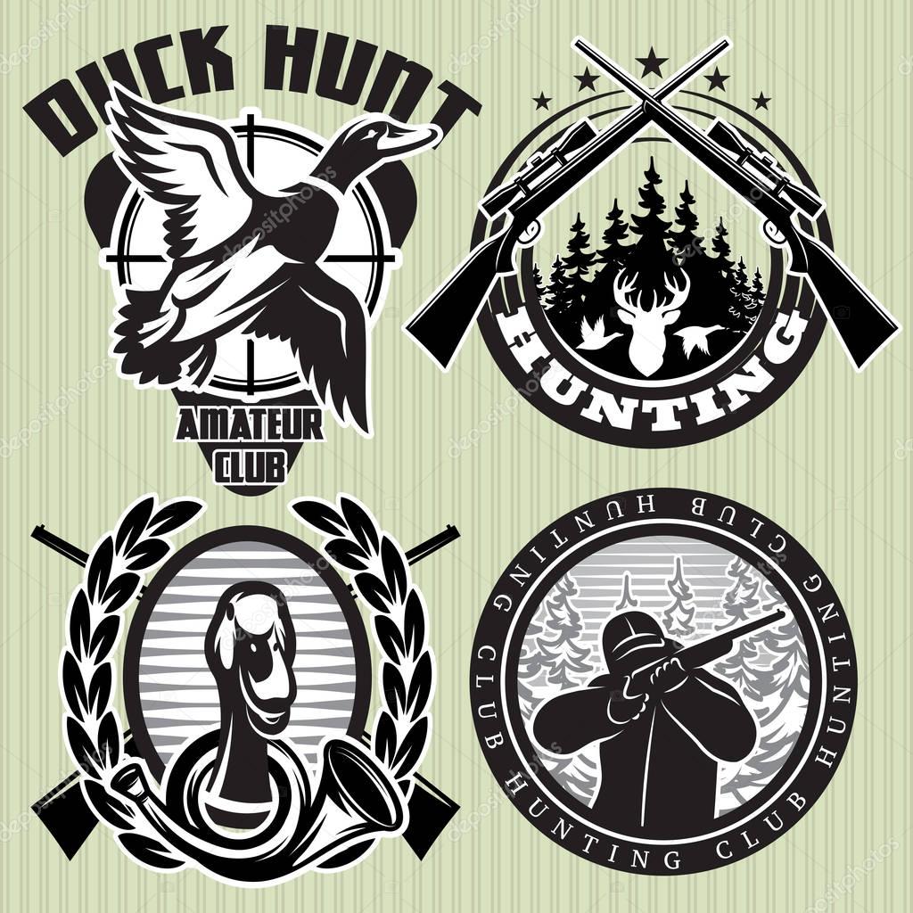 Vector set of hunting labels with wild ducks and deer head