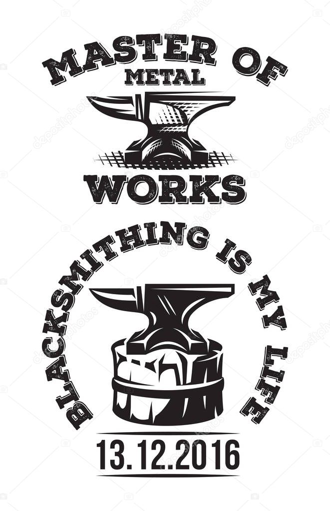 Set of vintage blacksmith labels with anvil. Vector illustration.