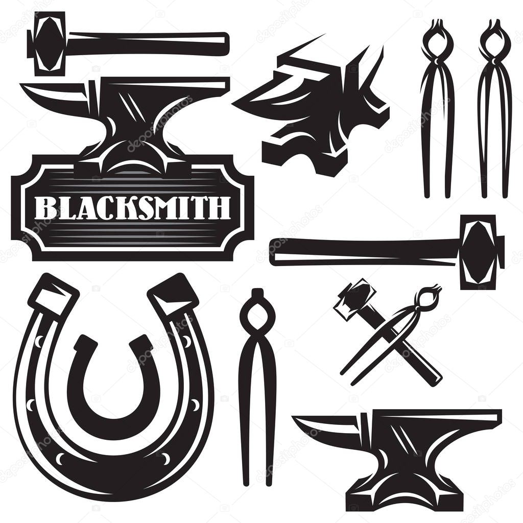 Monochrome vector set of design elements for blacksmithing