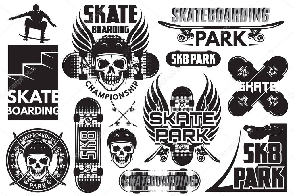 Set of monochrome vector templates on the topic skeytboarding with skull, board, wings and other elements