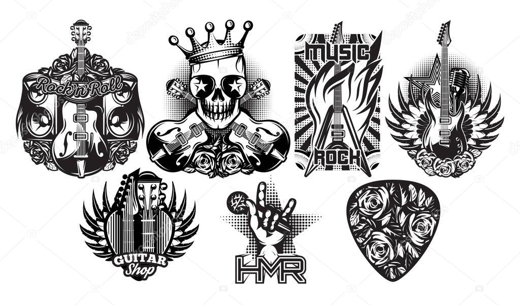 Set of monochrome vector patterns on the theme of rock music, rock and roll