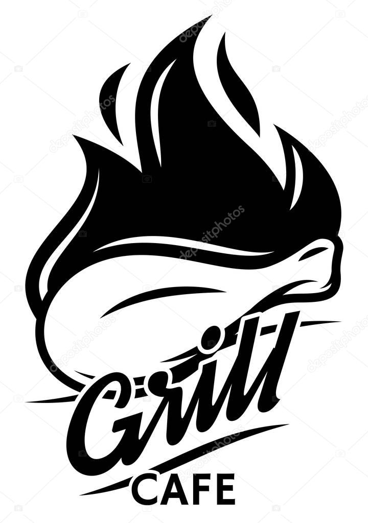 Monochrome logo template with chicken and fire. vector illustration