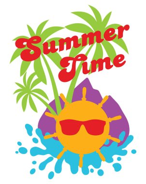 Güneş, güneş gözlüğü, avuç içi ile vektör çizim renkli, sörf