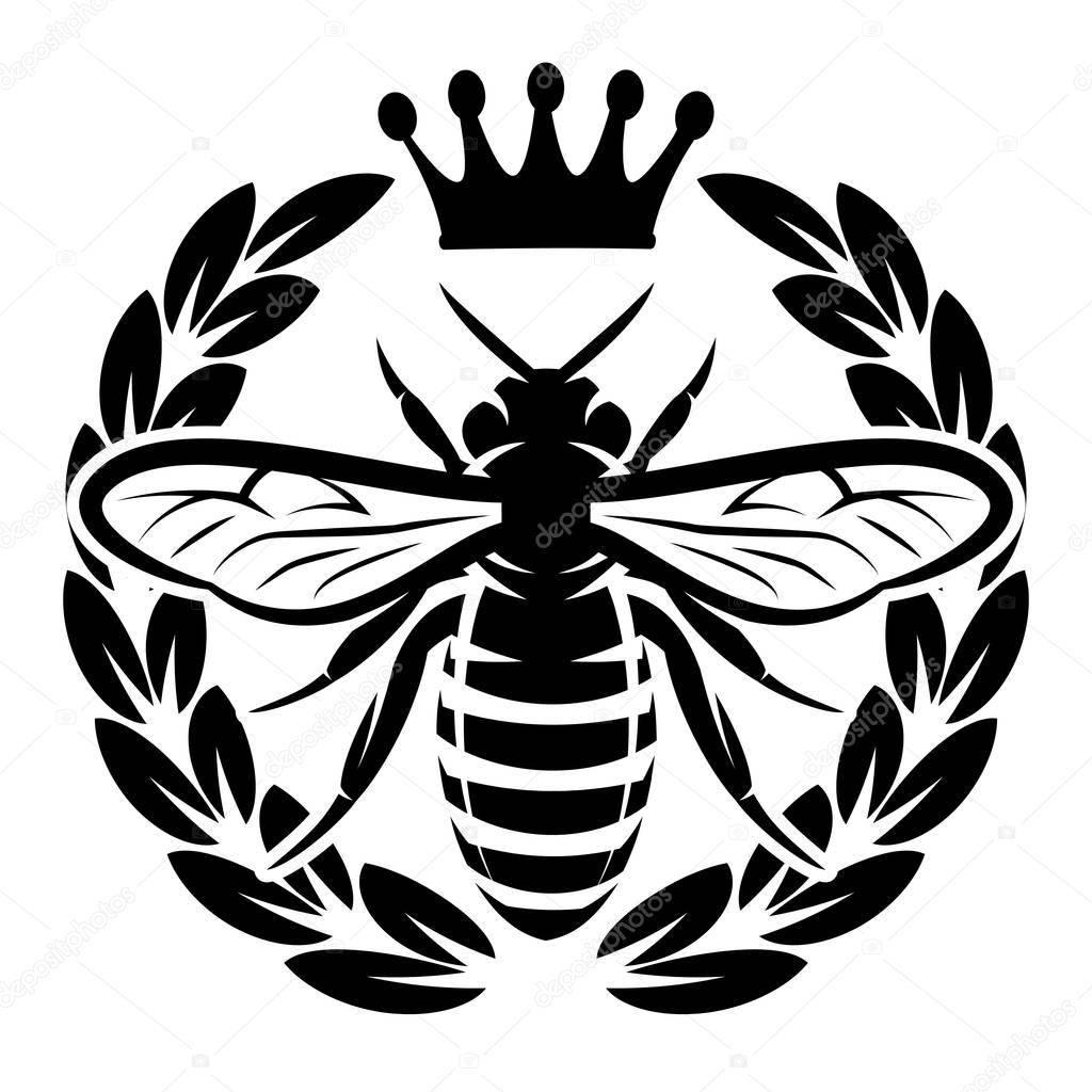 Vector monochrome pattern with flying bee and crown.