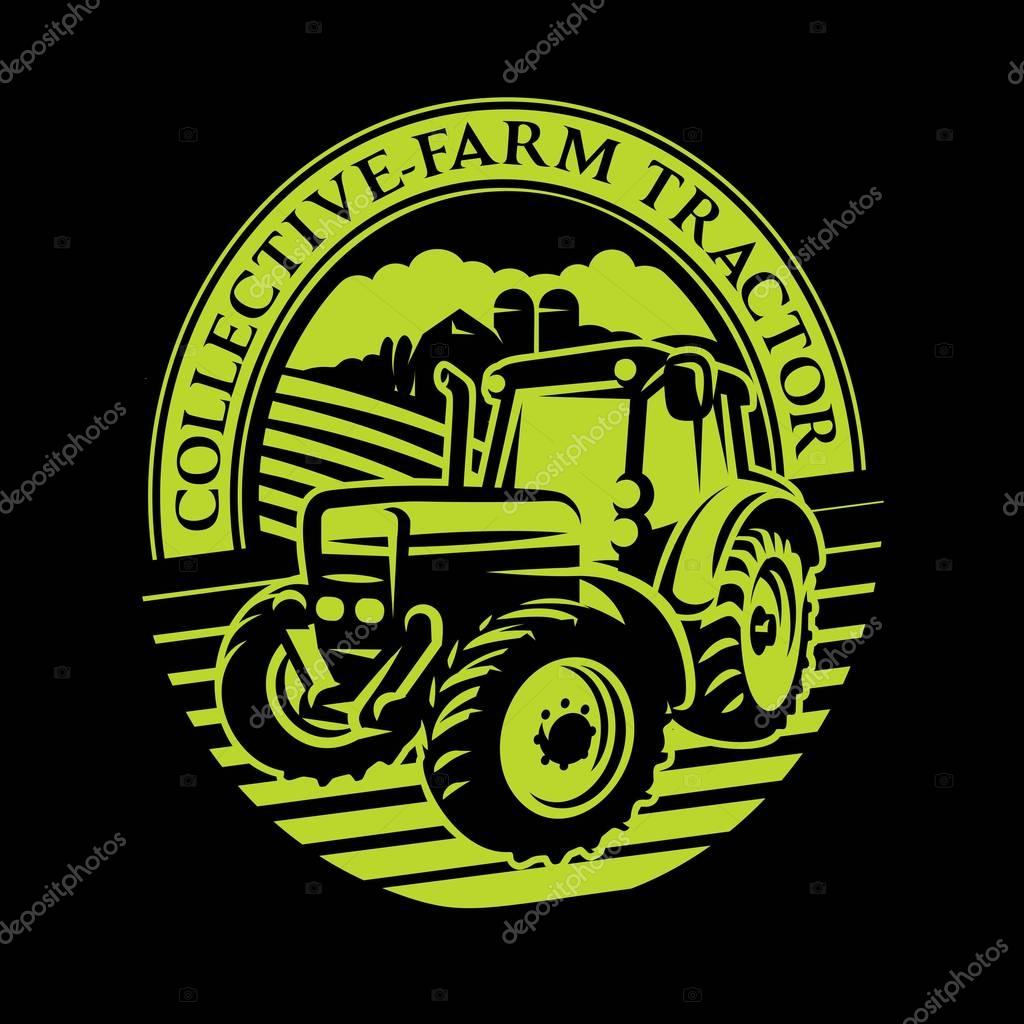 Vector tractor pattern on the field on farm background.