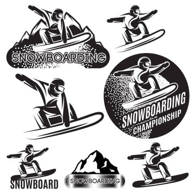 vektör tek renk kümesi şablonları ile kar ve dağlar arka plan üzerinde çeşitli snowboard spor
