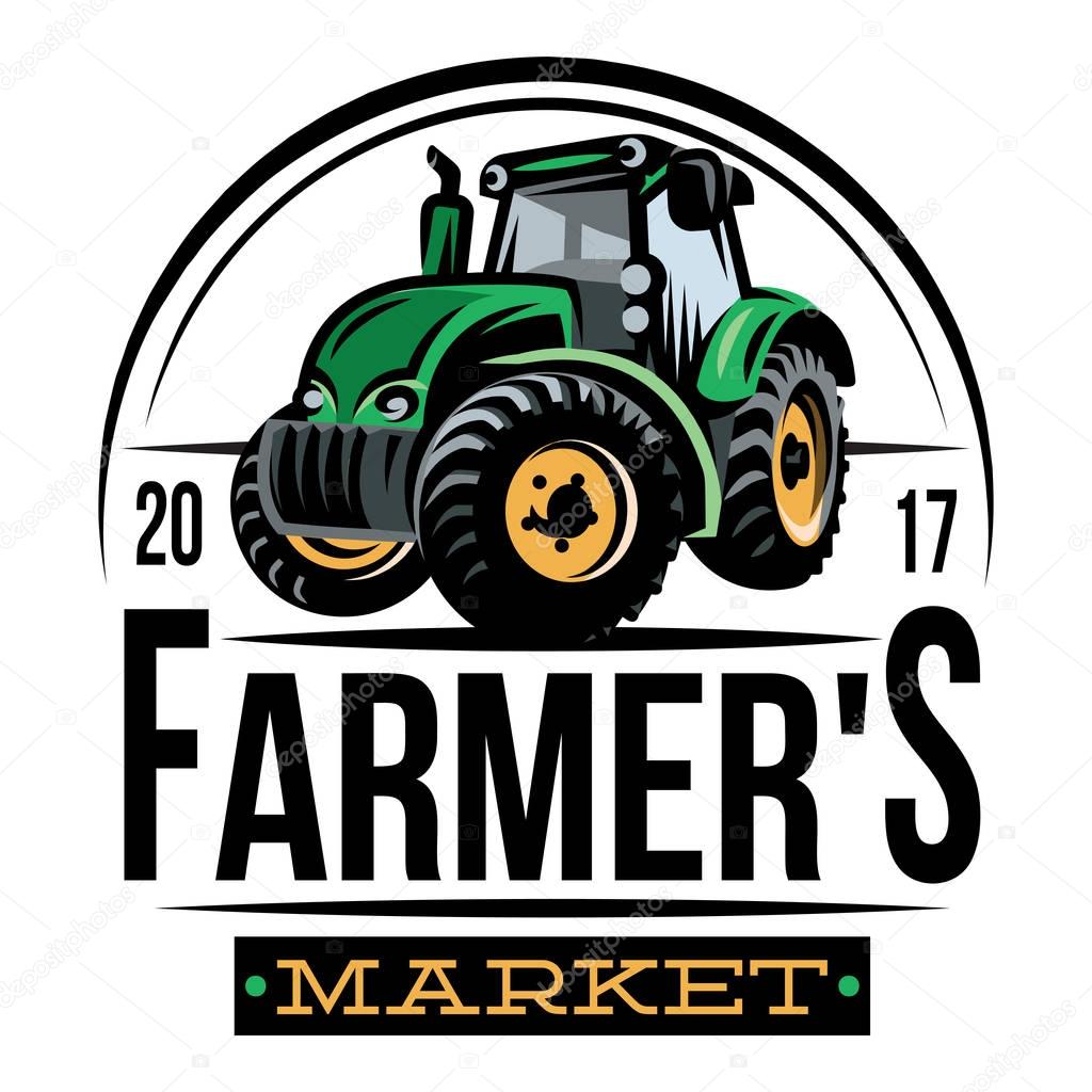Colored vector tractor pattern on farm background.