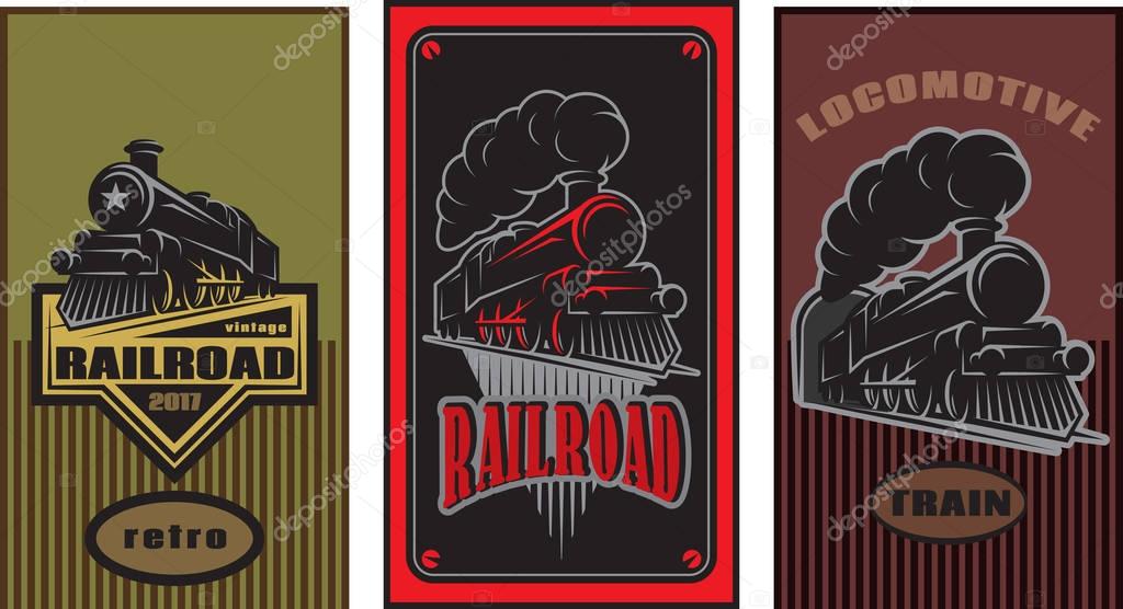 Set of colorful retro posters with a vintage locomotive. Vector illustration.