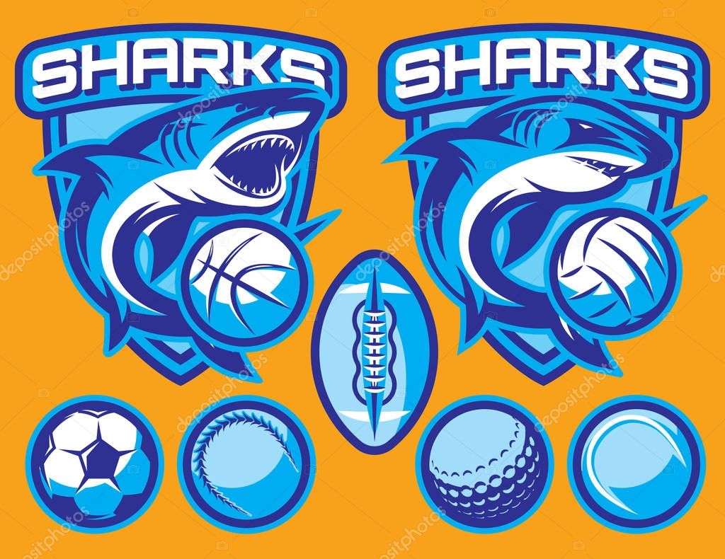 Set of vector templates for sports badges with sharks and balls.