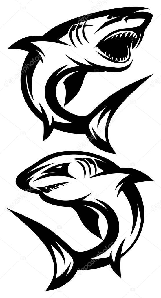 Two monochrome vector illustrations with different sharks.
