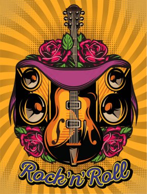 vektör renk poster şablonu gitar, hoparlör ve rose ile