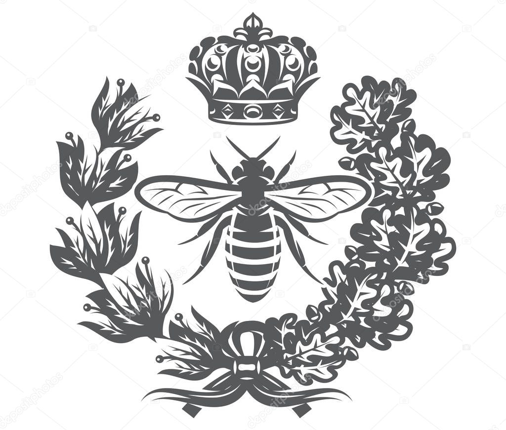 Vector monochrome illustration with bee, imperial crown and wreath.