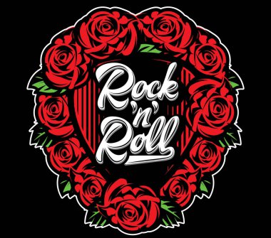 Gitar plectrum, kaligrafik yazı ve güllerle vektör şablonu.