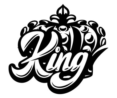 Üzerinde Kral ve Taç yazılı vektör monokrom illüstrasyonu.