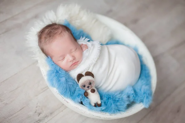 Menino Recém Nascido Casulo Uma Tigela Branca Tapete Azul Fundo — Fotografia de Stock