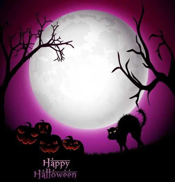 Noite de Halloween com abóboras e gato assustador — Vetor de Stock