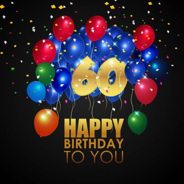 Mutlu doğum günü ile altın sayı 60 ve renkli balonlar