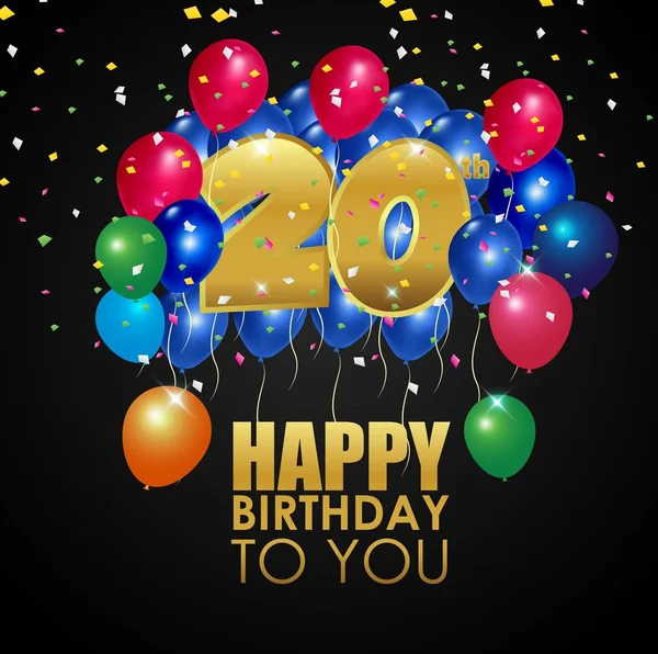 Šťastné narozeniny 20 se zlatým číslem a barevné bubliny — Stockový vektor