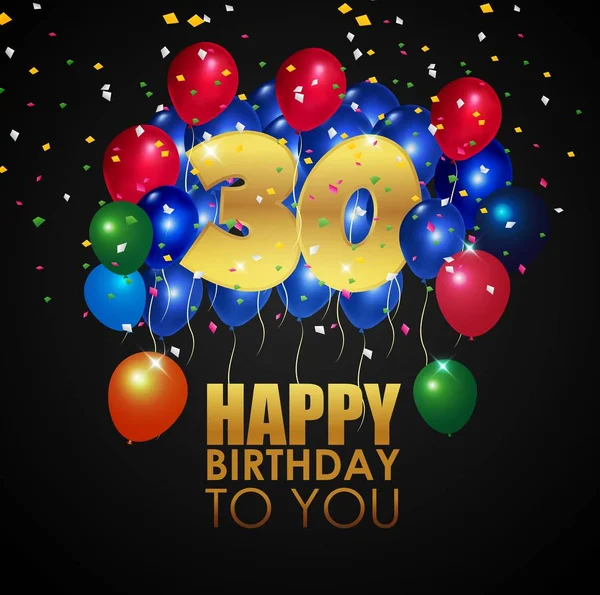 Mutlu doğum günü 30 ile altın sayı ve renkli balonlar