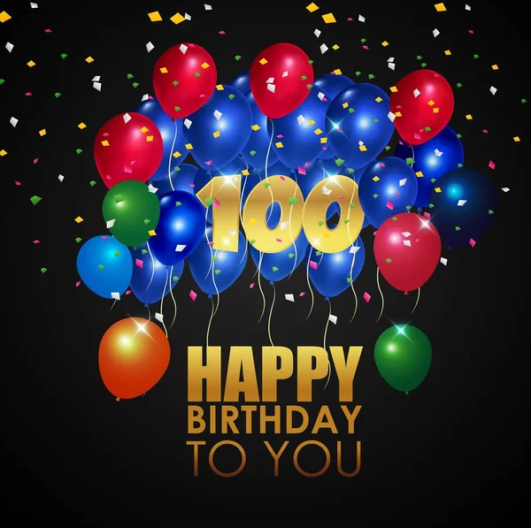 Joyeux anniversaire 100e avec nombre d'or et ballons colorés — Image vectorielle
