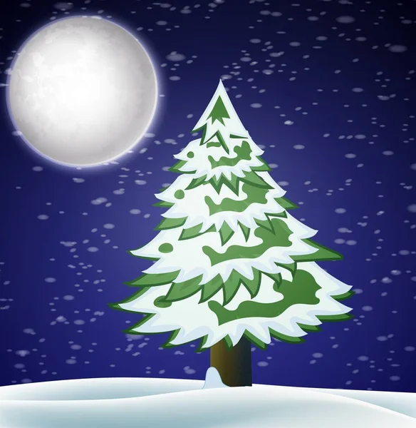 Winter Night Landscape Snowy Tree Moon — Stock Vector