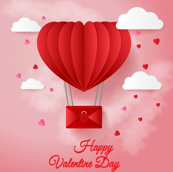 Glücklich Valentinstag Grußkarte Mit Papier Geschnitten Rotes Herz Form Heißluftballons — Stockvektor