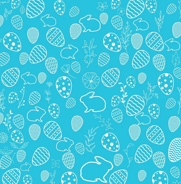 Nahtloses Muster Mit Blumen Hasen Und Eiern Auf Blauem Hintergrund — Stockvektor