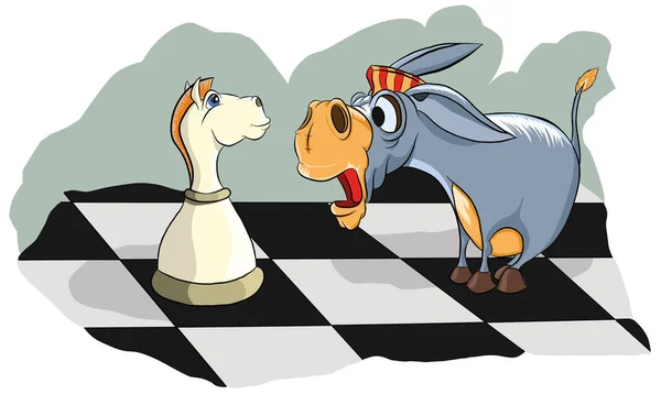 Surprised a donkey looks at chess knight — Stock Vector