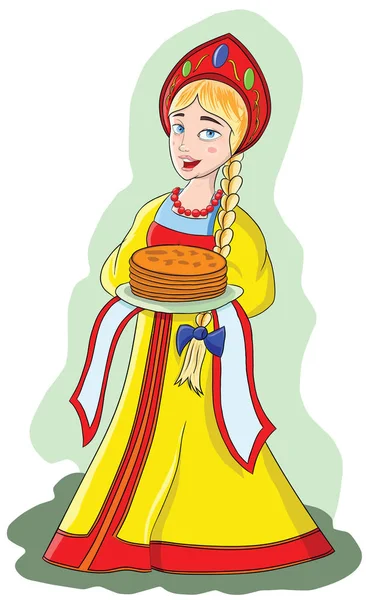 Jong meisje in folk jurk houdt pannenkoeken op een plaat — Stockvector