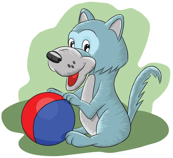Funny little wolf playing ball, illustration — Stock Vector