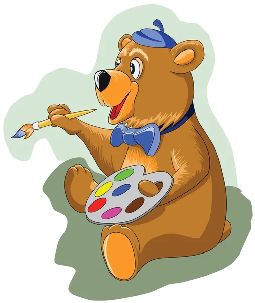 Cheerful little bear holding a brush and paints — Stock Vector