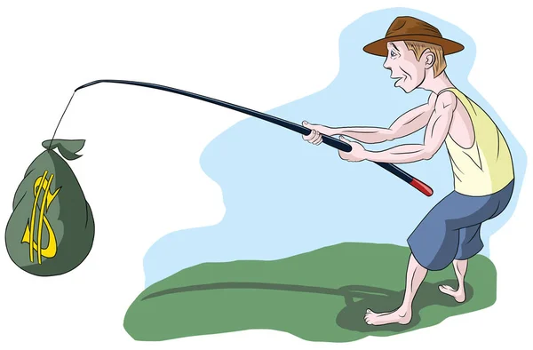 Muž v klobouku zachycen na rybářský prut pytel peněz, ilustrace — Stockový vektor