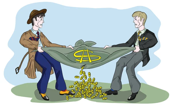 Deux hommes d'affaires brisant le sac d'argent, Illustration — Image vectorielle