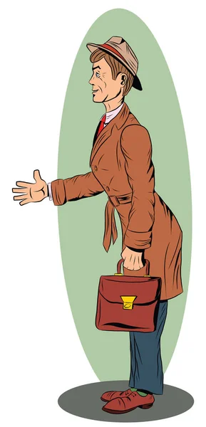 A man with a briefcase in a raincoat and hat extends a hand greeting — Stock Vector