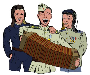 Three Soviet soldiers sing and play the accordion clipart
